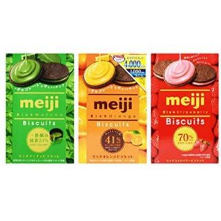 Meiji Biscuit Sandwich Cookies เมจิ ขนมปังไส้ สตอเบอรี,ชาเขียว คาราเมล คุกกี้ จากญี่ปุ่น ขนมเมจิ  (ราคา1 กล่อง)