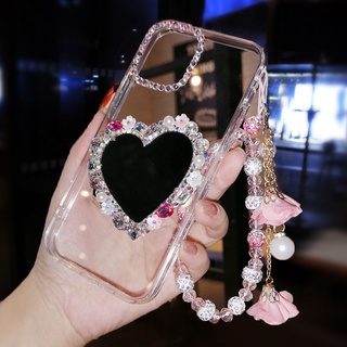 เคสกระจกแต่งหน้า ลายดอกไม้ หัวใจ ประดับเพชร วิบวับ หรูหรา สําหรับ iPhone 14 13 12 11 Pro Max X XR XS Max 7 8 Plus