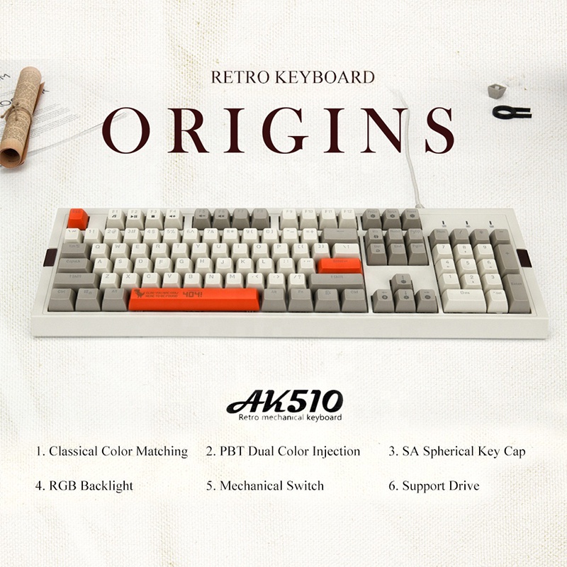 Ajazz AK510 Gaming Mechanical Keyboard 104Key PBT Wired Keyboard RGB Backlit Black/Blue/Brown Switch