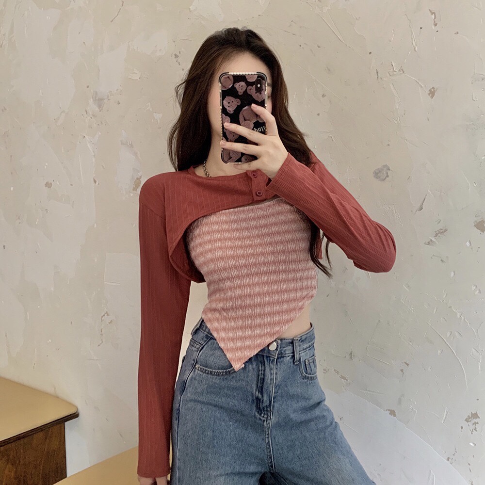 B088 ​พร้อมส่ง เซ็ท เสื้อคล้องคอไหมพรม+เสื้อคลุม สไตล์​เกาหลี​น่ารัก