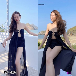 TW15956 Set 2 ชิ้น เสื้อเกาะอกชีฟองตัวยาวผ่าหน้า + กางเกงขาสั้นผ้าคอตตอน ดีเทลขากางเกงแต่งรูดเชือกได้