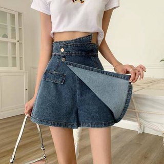 NEW กางเกงเอวสูงขากระบอก กางเกงขาสั้น กางเกงขาสั้นสาวอวบ high waist denim short  Anti-exposure irregular A- line wide leg pantskirt กางเกงขาสั้นสาวอวบ