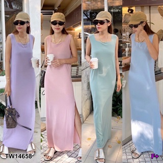 TW14658 Maxi dressเดรสยาว คอเหลี่ยม แขนกุดชายผ่าข้าง งานผ้าร่องตัดแบบไม่เย็บเก็บขอบ เนื้อผ้านิ่มใส่สบาย