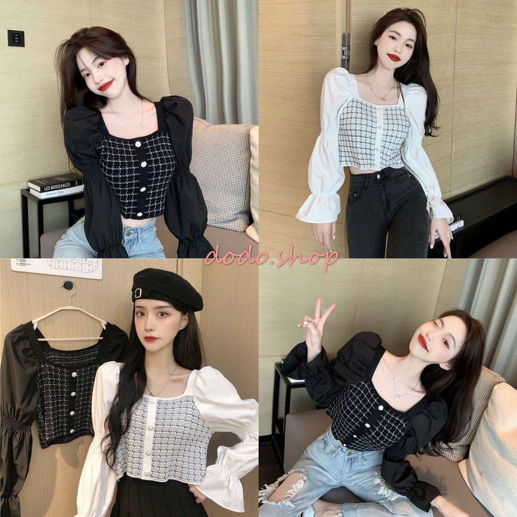 DODO🌟พร้อมส่ง🌟เสื้อคอเหลี่ยมแขนยาว ลายขวางแต่งกระดุมมุกสวย(8601)