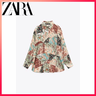 Zara ใหม่ เสื้อเชิ้ตแขนยาว ผ้าซาติน พิมพ์ลาย สําหรับผู้หญิง