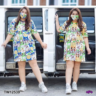 JK12539 Dress #BigSize เดรสสั้น+แมสพิมพ์ลายการ์ตูน***กรุณาแชทสอบถามก่อนสั่งซื้อ***