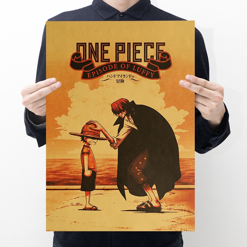 การ์ตูนคลาสสิก One Piece ตัวละครอะนิเมะโปสเตอร์ Luffy Shanks Wall Art ภาพวาดตกแต่งบ้าน Retro กระดาษคราฟท์สติ๊กเกอร์ติดผนัง