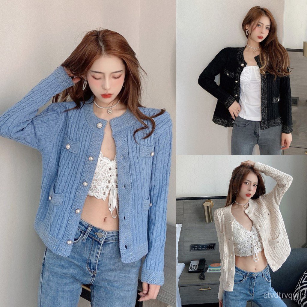 Fashion1 ถูกที่สุด เสื้อกันหนาวไหมพรม 3 สี สไตล์เกาหลี กระดุมและกระเป๋าแต่งมุกน่ารัก kv9j