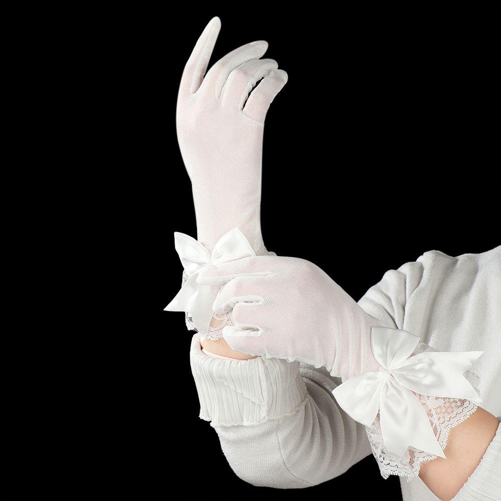 EUTUS Women Bride Mittens Marriage Party Bow Lace Gloves Chiffon White ...