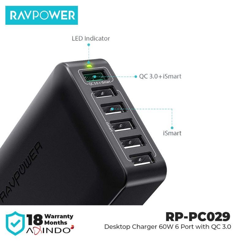 RAVpower RP PC029 เครื่องชาร์จตั้งโต๊ะ 60W 6port QC3.0 ต้นฉบับใหม่