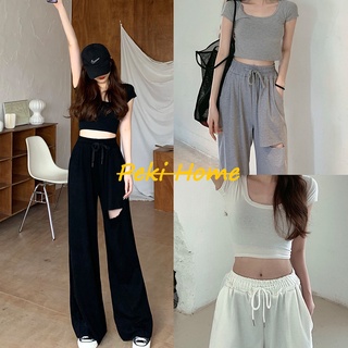 ชุดเซ็ตผู้หญิง ผู้หญิง งาน 2 ชิ้น   ซื้อ1  ได้ถึง2   เสื้อยืดคอยูเอวลอย+เกงกางขายาวเอวสูง  ชุดเซ็ตใส่เที่ยวสบายๆ ชุดSet