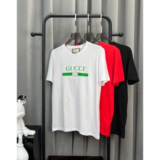 Tee เสื้อคู่รัก - Gucc1 2022 ฤดูร้อนใหม่ตัวอักษรสีเขียวพิมพ์ผ้าฝ้ายคอกลมแขนสั้นเสื้อยืดแขนสั้น S-4XL