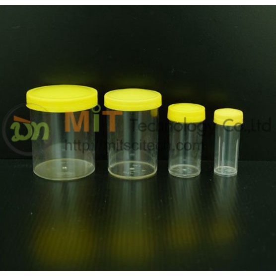 แบบ 100 ชิ้น ขวดพลาสติกใสฝาเหลือง กระปุกฝาเหลือง Specimen Container ขวดเก็บตัวอย่าง มี 4ขนาด ของไทย