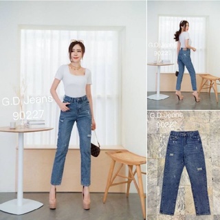 G.D.Jeans รุ่น 90227#กางเกงยีนส์แฟชั่นขายาวผ้าด้านทรงบอยฟอกสียีนส์แต่งดีเทลขาดหน่วยๆ