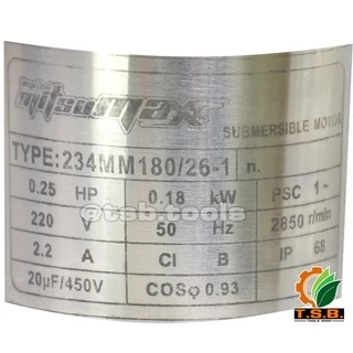 ปั้มน้ำบาดาล (ซับเมิส) ไฟ AC 220V สำหรับบ่อ 2" รูน้ำออก 3/4" มอเตอร์ 180 วัตต์ จำนวน 26 ใบพัด Mitsumax 234MM180/26-1