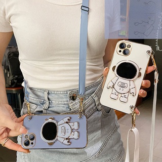 เคสโทรศัพท์มือถือแบบนิ่ม กันกระแทก ลายนักบินอวกาศ 6D พร้อมสายคล้องคอ และสายคล้องคอ พับได้ สําหรับ Samsung Galaxy A20 A30 A21S A22 A22S A31 A32