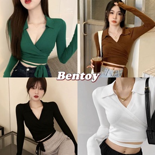 Bentoy(56041)เสื้อครอปแขนยาวไหมพรมหน้าวี สายผูกเอว เซ็กซี่ ผ้ายืดได้สบาย