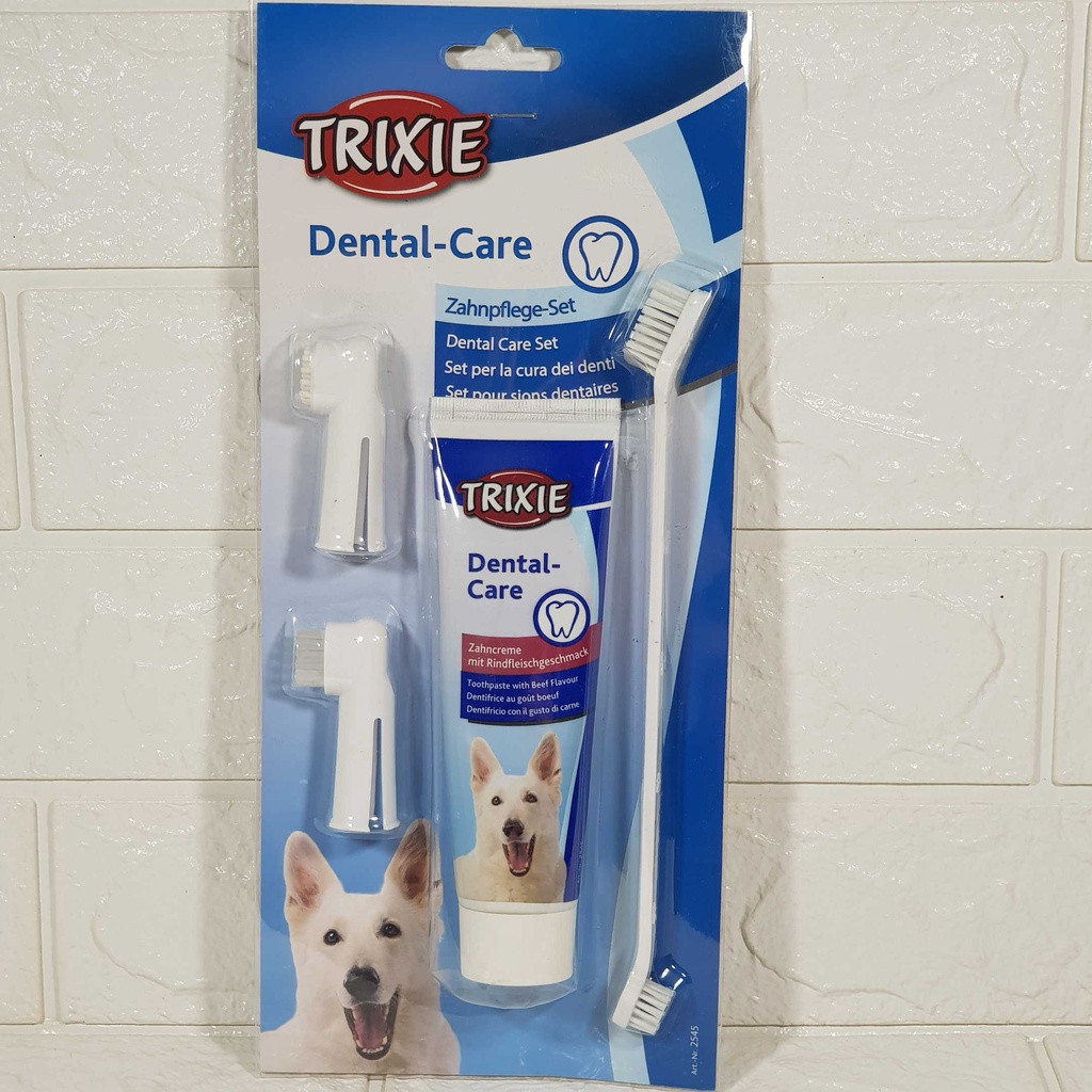 TRIXIE Dental-care ยาสีฟันสุนัขสูตรควบคุมหินปูน รสเนื้อ ชุดฝึกแปรงและยาสีฟัน