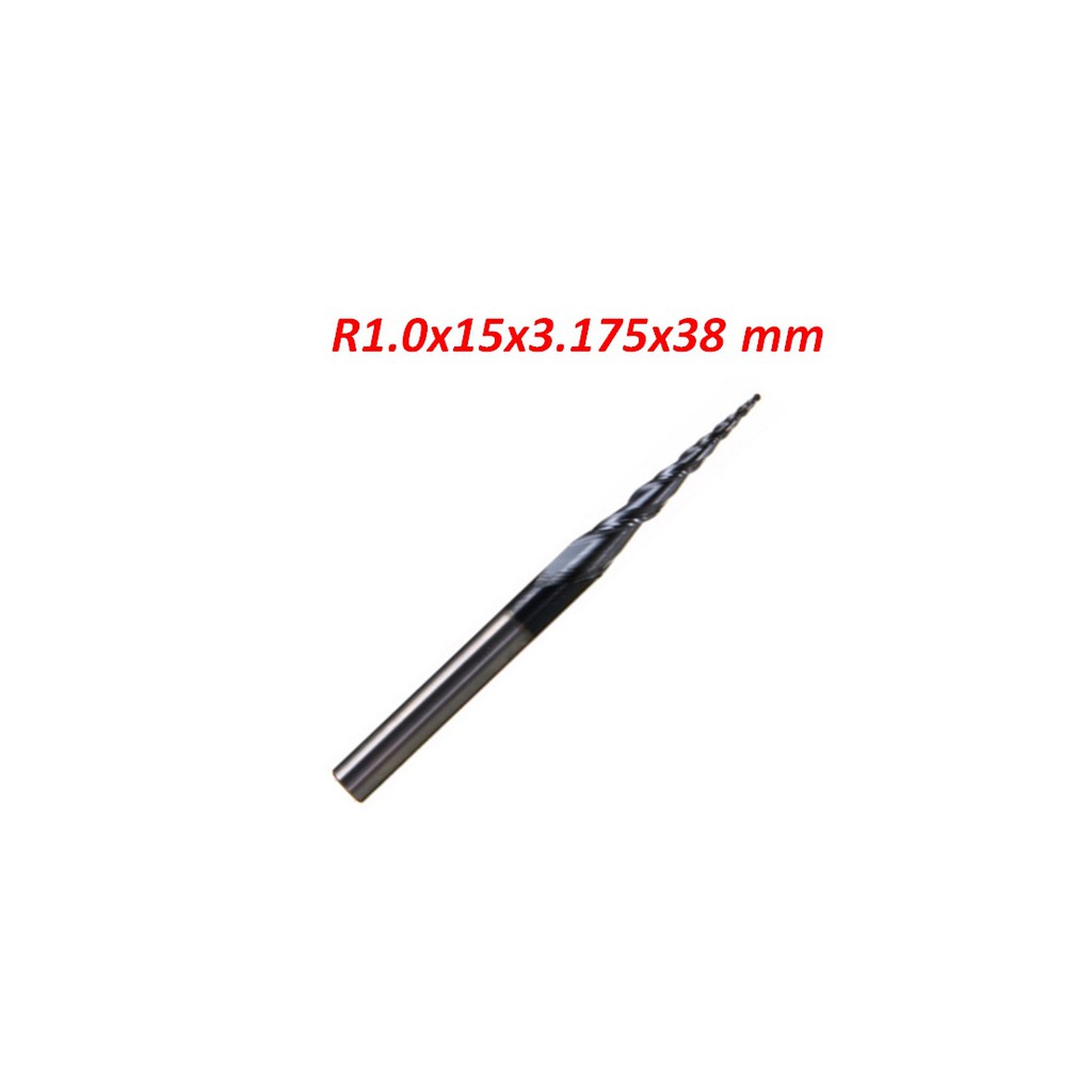 R1.0*15*3.175*38 Tungsten carbide TiAlN Coated 2 flutes Tapered Ball Nose End Mills HRC55