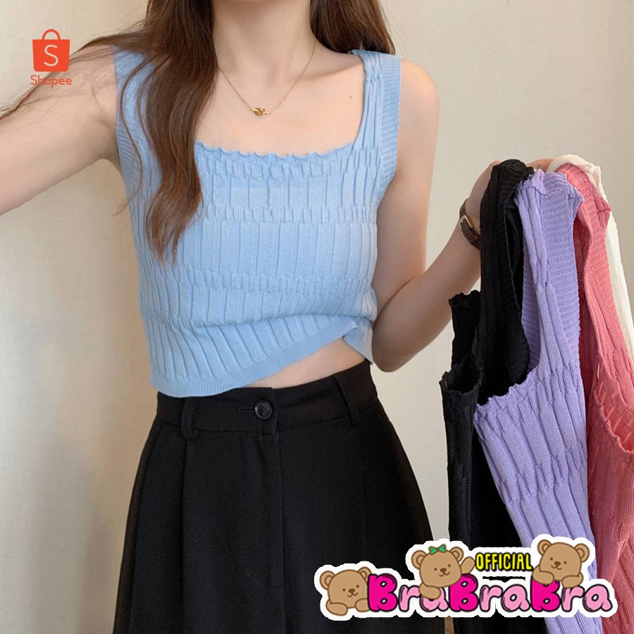 [ส่งจากไทย] 𝑩𝒓𝒂𝑩𝒓𝒂𝑩𝒓𝒂 #f-114 ผ้ายืด เสื้อครอป สายเดี่ยว ไหมพรม