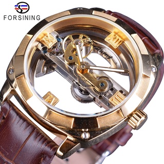 Forsining Double Side Transparent Golden Bezel Brown Leather Belt Men Automatic Watch Top Brand Luxury Mechanical Skelet