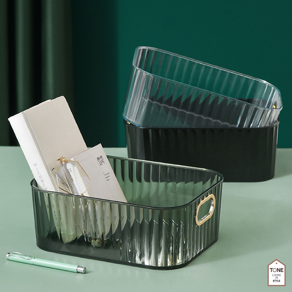 กล่องใส กล่องเก็บเครื่องสำอาง (MH_103) กล่องเก็บของ มีหูจับ สีทอง Luxury basket