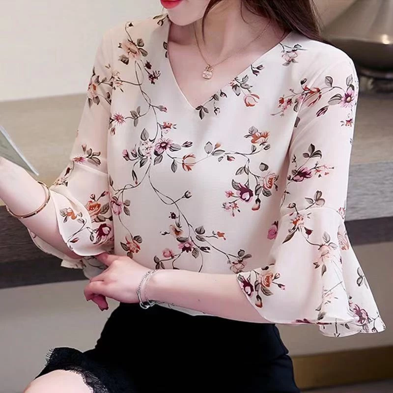 เสื้อชีฟองลายดอกไม้สองชั้นแขนสั้นผู้หญิง thumbnail 3