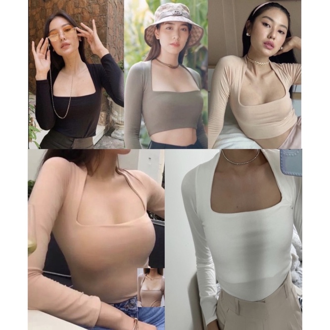 🎉Nidnoomstudio🩱🏖️ เสื้อครอป เสื้อคอเหลี่ยมแขนยาว ดีเทลช่วงคอแคบ เสื้อเรยอน โอบไหล่สวยใส hisoสุดๆ (284)