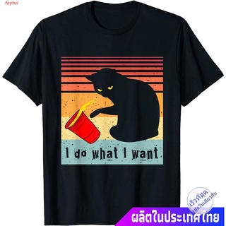 DRG feytui ใหม่ แมว น่าสนใจ น่ารัก  Do What I Want Vintage Black Cat Red Cup Funny My Cat T-Shirt คอกลม แฟชั่น  ผ้าฝ้ายแ