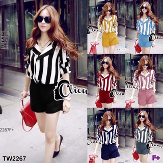 J2267 Set Shirt 2 ชิ้น เสื้อเชิ้ต ทรงวีคอบัวลายริ้ว + กางเกงขาสั้น Set Shirt 2 pcs. V-neck striped shirt + shorts