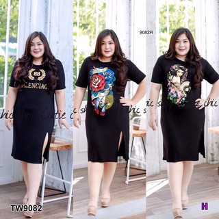 Dress #BigSize เดรสสั้นผ่าหน้า ผ้ายืดเรยอนเนื้อดี ด้านหน้าช่วงกระโปรงผ่ายาว สกรีนลาย ทรงสวย