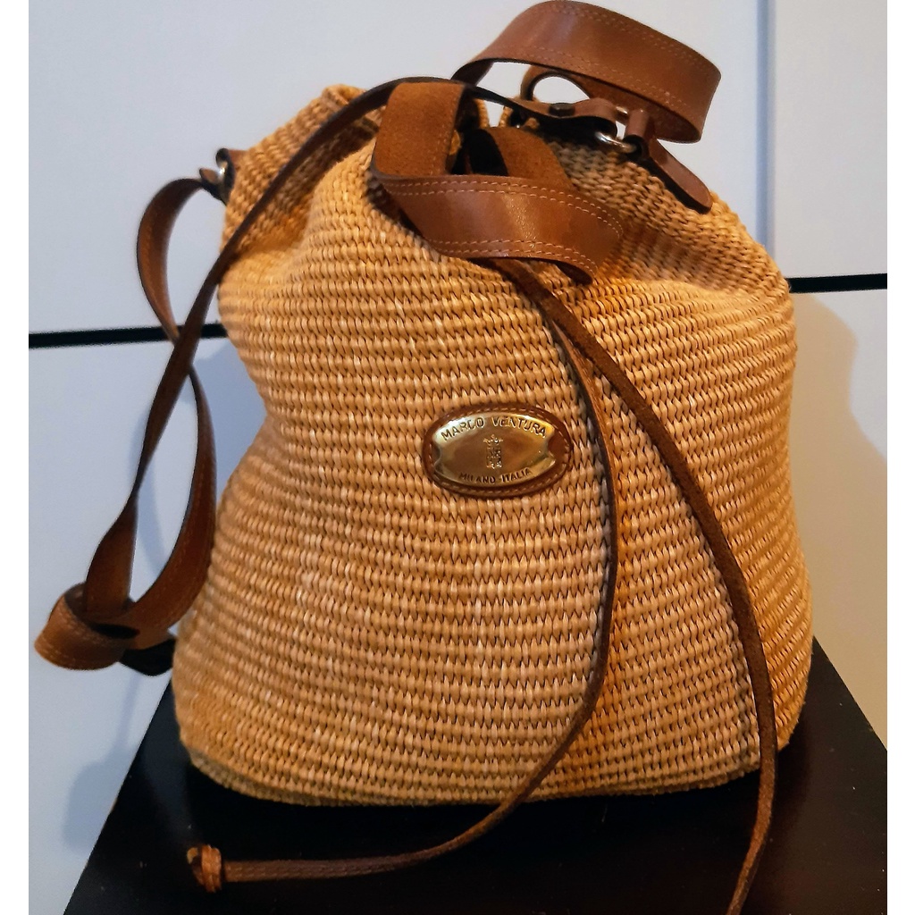 Pouch bag Marco Ventura Vintage Balloon Bucket bag#Original Marco Ventura raffia crossbody bag# Beac