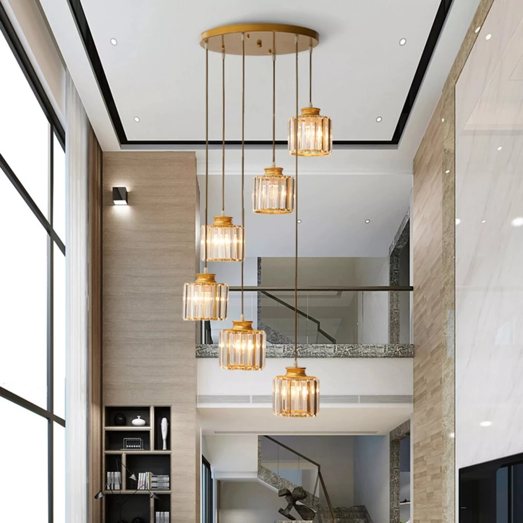Modern Northern Europe Crystal Pendant Light LED E27 220V 6/9 Lights Iron Pendant Lamp for Duplex Villa Stairs