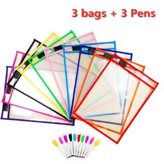 3Lots(3bags+3Pens ) Can Be Reused with PVC Transparent Dry Brush Bag PET Writing Dry Wipe Bag Drawing Toy Child Kid Baby