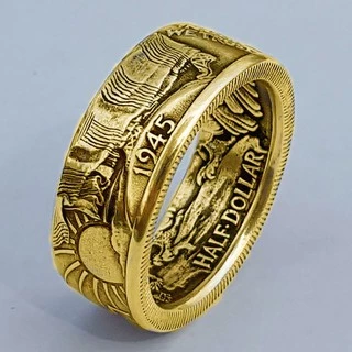 24K Gold Plated Handmade เหรียญแหวน Vintage Morgan Silver Half Dollar 1945 แกะสลัก "the United State of Ring