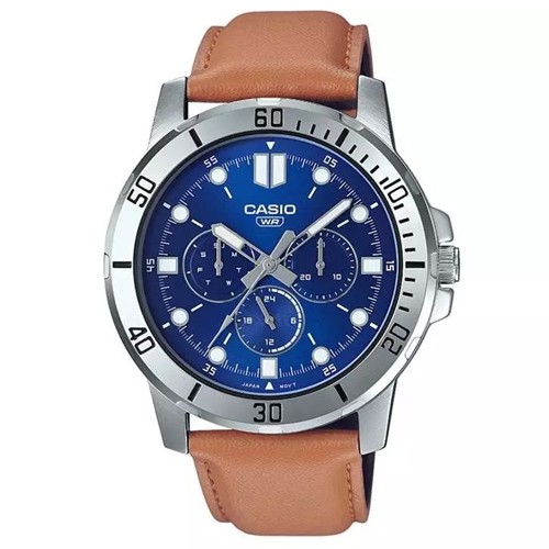 Casio นาฬิกาข้อมือผู้ชาย สายหนัง สีน้ำตาล/หน้าปัดน้ำเงิน รุ่น MTP-VD300L-2EUDF