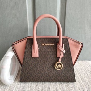 🎀 (สด-ผ่อน) กระเป๋า Mk สีน้ำตาล ชมพู 35F1G4VM2B MK MICHAEL KORS  Avril Small Logo Top-Zip Satchel