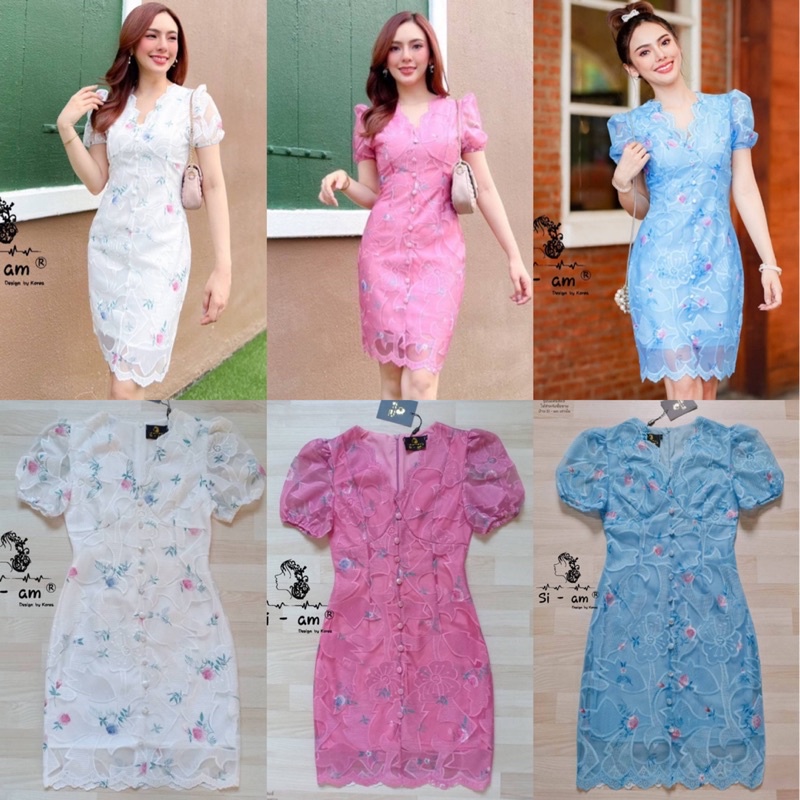 พร้อมส่ง S-4XL ป้าย Si-am เดรสสั้น ลูกไม้ฉลุ ลายดอกไม้ สีขาว ชมพู ฟ้า ละมุน