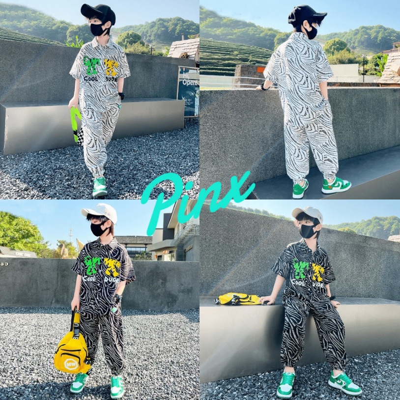 Pinx พร้อมส่ง ชุดเด็กชายฤดูร้อน เสื้อผ้าเด็กขนาดกลางและขนาดใหญ่ฤดูร้อนเด็กหล่อเวอร์ชั่นเกาหลีหลวมแขนสั้นสองชิ้น