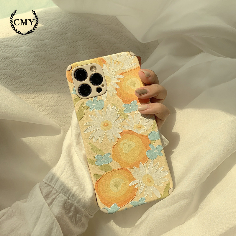 เคสโทรศัพท์ แบบหนังเทียม ลายภาพวาดสีน้ำมัน รูปดอกไม้ สําหรับ iPhone 11 Pro Max X Xr Xs Max 7 8 Plus Se 2020 12 Pro Max 12 Mini