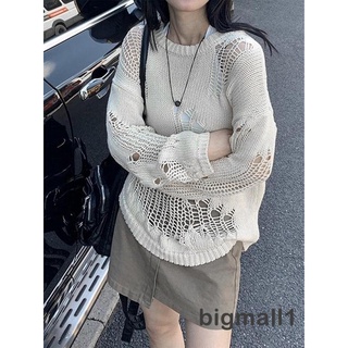 Bigmall- เสื้อกันหนาว คอกลม แขนยาว ผ้าถักโครเชต์ แบบสวมหัว สีพื้น สําหรับผู้หญิง