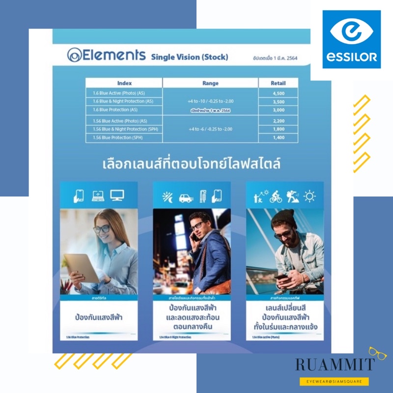 เลนส์ Essilor รุ่น Elements index 1.56 , 1.6 เลนส์บลู เลนส์บลู&amp;กลางคืน เลนส์บลูออกแดดเปลี่ยนสี เลนส์บลูออโต้