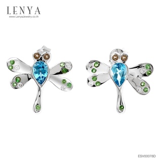 Lenya Jewelry ต่างหูรูปแมงปอ ประดับพลอยบลูโทปาซ(Blue Topaz) ตรงกลาง สโมคกี้ควอร์ซ (Smoky quartz) และซาโวไรท์ (Tzavorite)