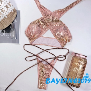 Bay - Women ชุดว่ายน้ําสําหรับสตรีบิกินี่พิมพ์ลายงู + กางเกงชั้นใน