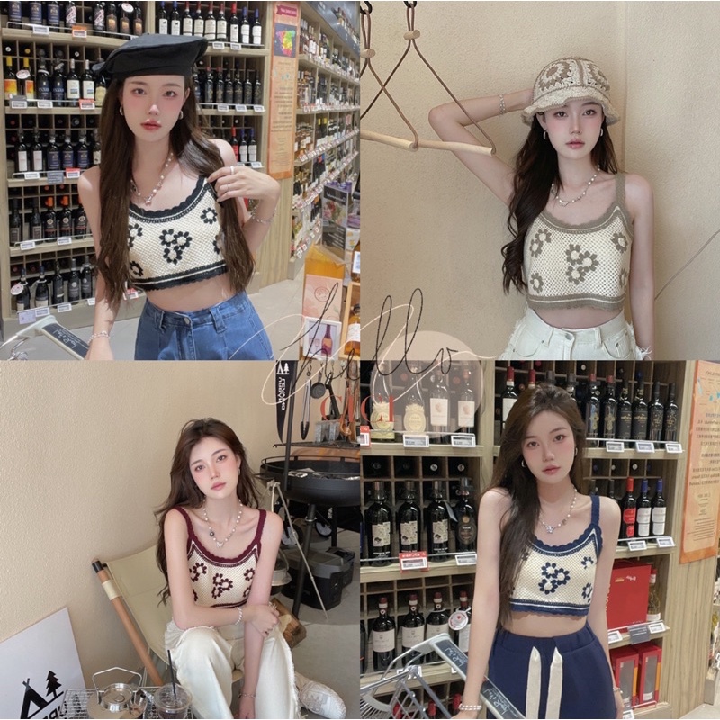 ส่งทันที Cici(NO. 1970)เสื้อสายเดี่ยวครอปโครเชต์ ปักลายดอกไม้น่ารักสไตล์เกาหลี