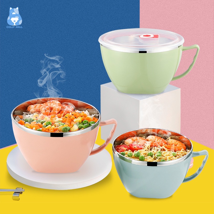 ชามสแตนเลส หุ้มพลาสติก2ชั้น พร้อมหูจับ+ฝาปิด กันความร้อน 900ml มี 3 สี ชามมาม่า ชามมีฝาปิด ถ้วยข้าว ถ้วยใส่อาหาร