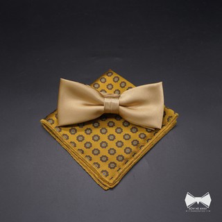 เซ็ทหูกระต่ายสีเหลืองทองซาติน+ ผ้าเช็ดหน้าสูทวูล-Yellow Bowtie + Wool Pocket square