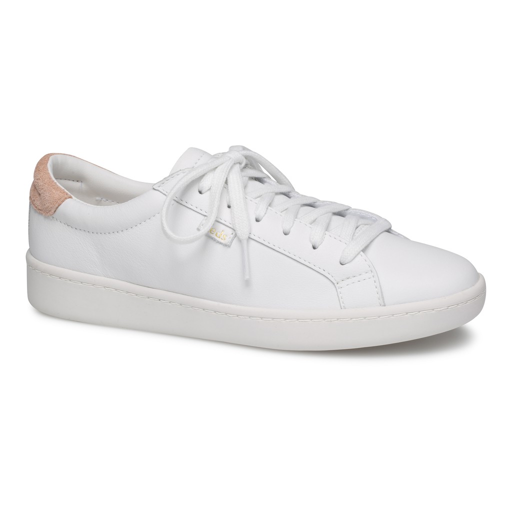 WHITE/CORAL หนังสีขาว KEDS LEATHER รองเท้าผ้าใบผู้หญิง แบบผูกเชือก LTT แถบหลังหนังกลับสีคอรัล ACE รองเท้า WH58548