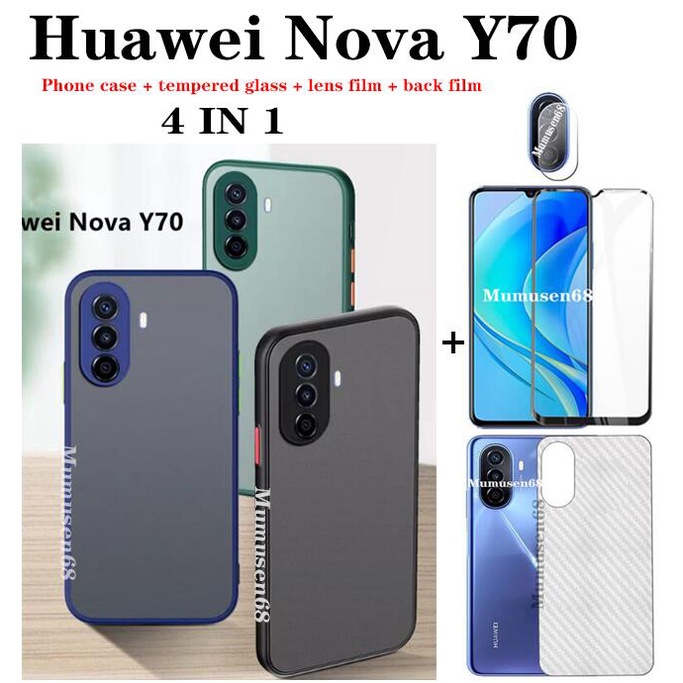4 in 1 Huawei Nova Y70 Y70 Plus Nova 9SE Nova Y90 เคสโทรศัพท์ฝ้า เป็นมิตรกับผิวหนัง + กระจกนิรภัยหน้าจอ + ฟิล์มเลนส์ + ฟิล์มด้านหลัง