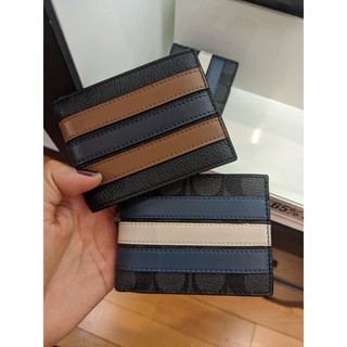 COACH SLIM BILLFOLD WALLET WITH VARSITY STRIPE กระเป๋าสตางค์ผู้ชาย แบบบาง มีช่องใส่บัตรทั้ง 2 ข้าง